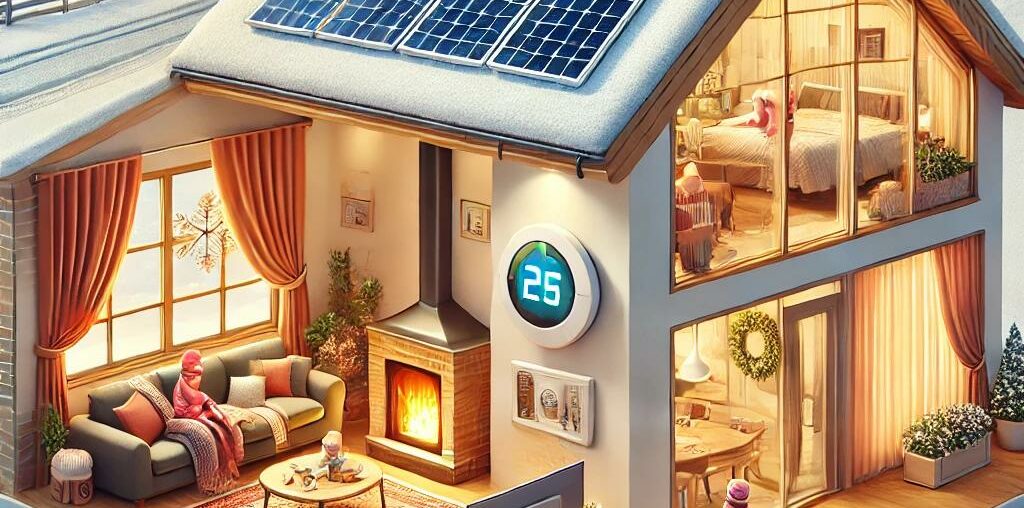 Dibujo de casa con paneles solares en invierno y termostato ahorro de energía en invierno