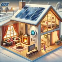 Dibujo de casa con paneles solares en invierno y termostato ahorro de energía en invierno