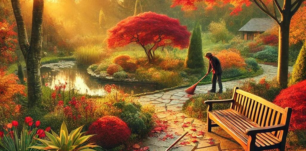 Jardín en otoño con un jardinero