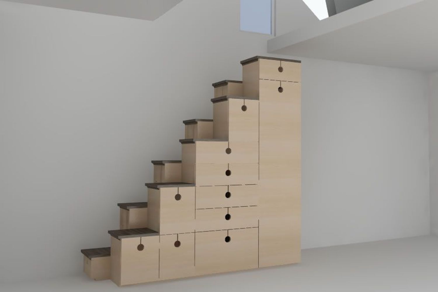 El diseño de escalera con peldaños alternos también es una unidad de almacenamiento de estilo japonés